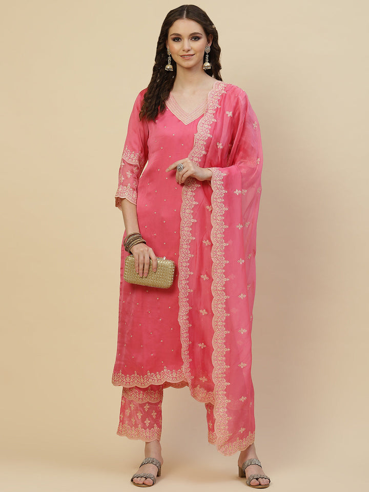 Resham Booti Satin Kurta With Pants &amp; Dupatta