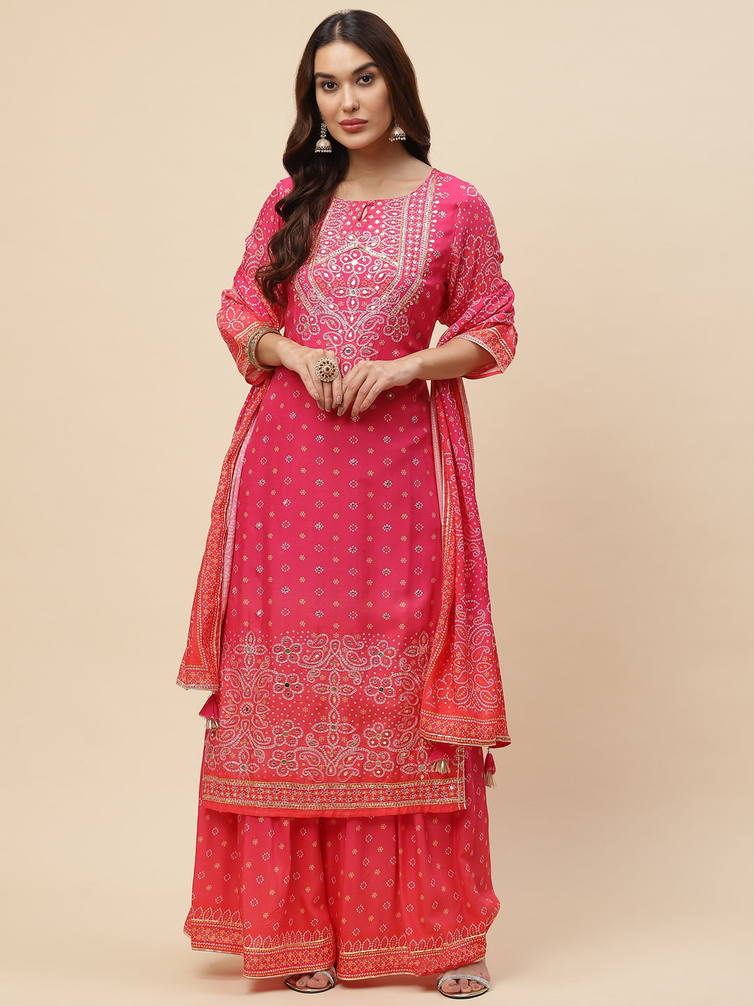 Bandhani Printed Muslin Kurta With Sharara &amp; Dupatta