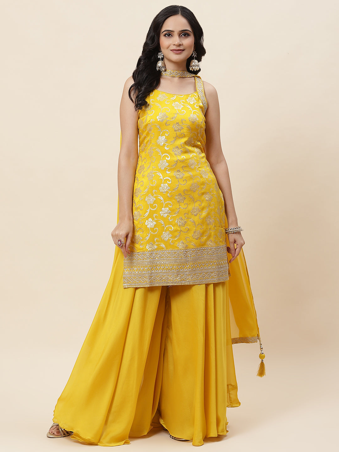 Floral Woven Georgette Kurta With Sharara &amp; Dupatta