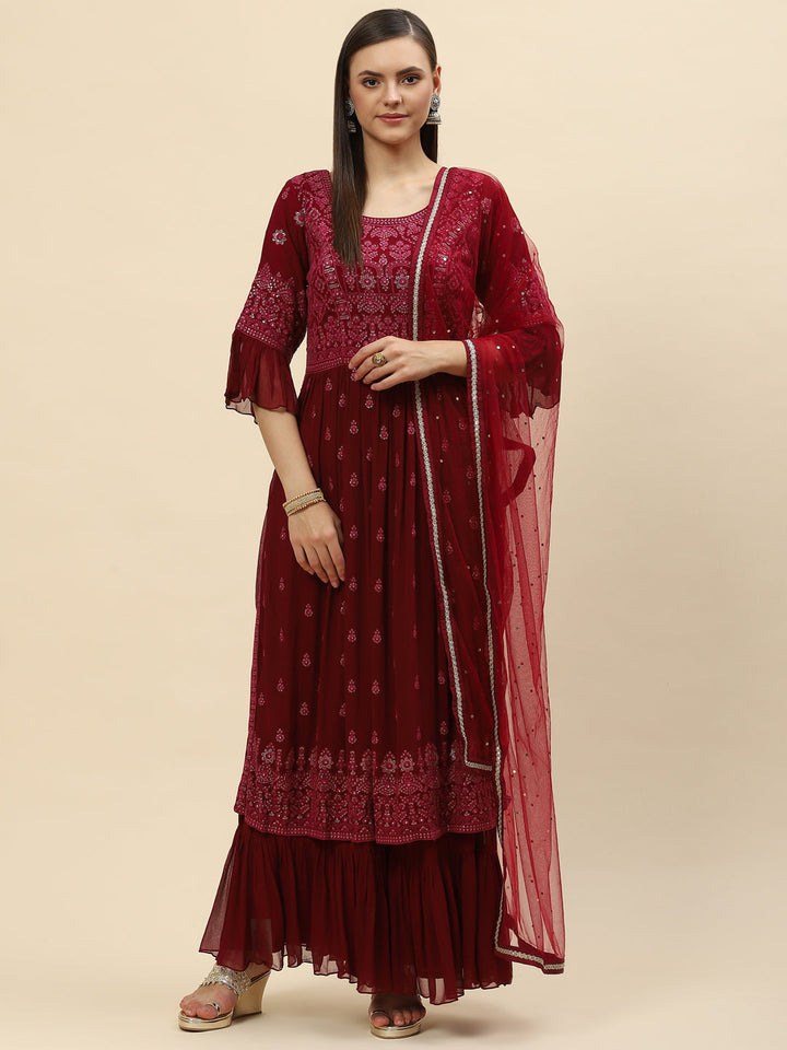 Resham Sequin Embroidered Georgette Kurta With Palazzo &amp; Dupatta