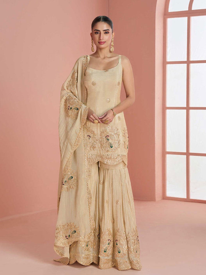 Embroidered Chinnon Silk Kurti With Gharara &amp; Dupatta