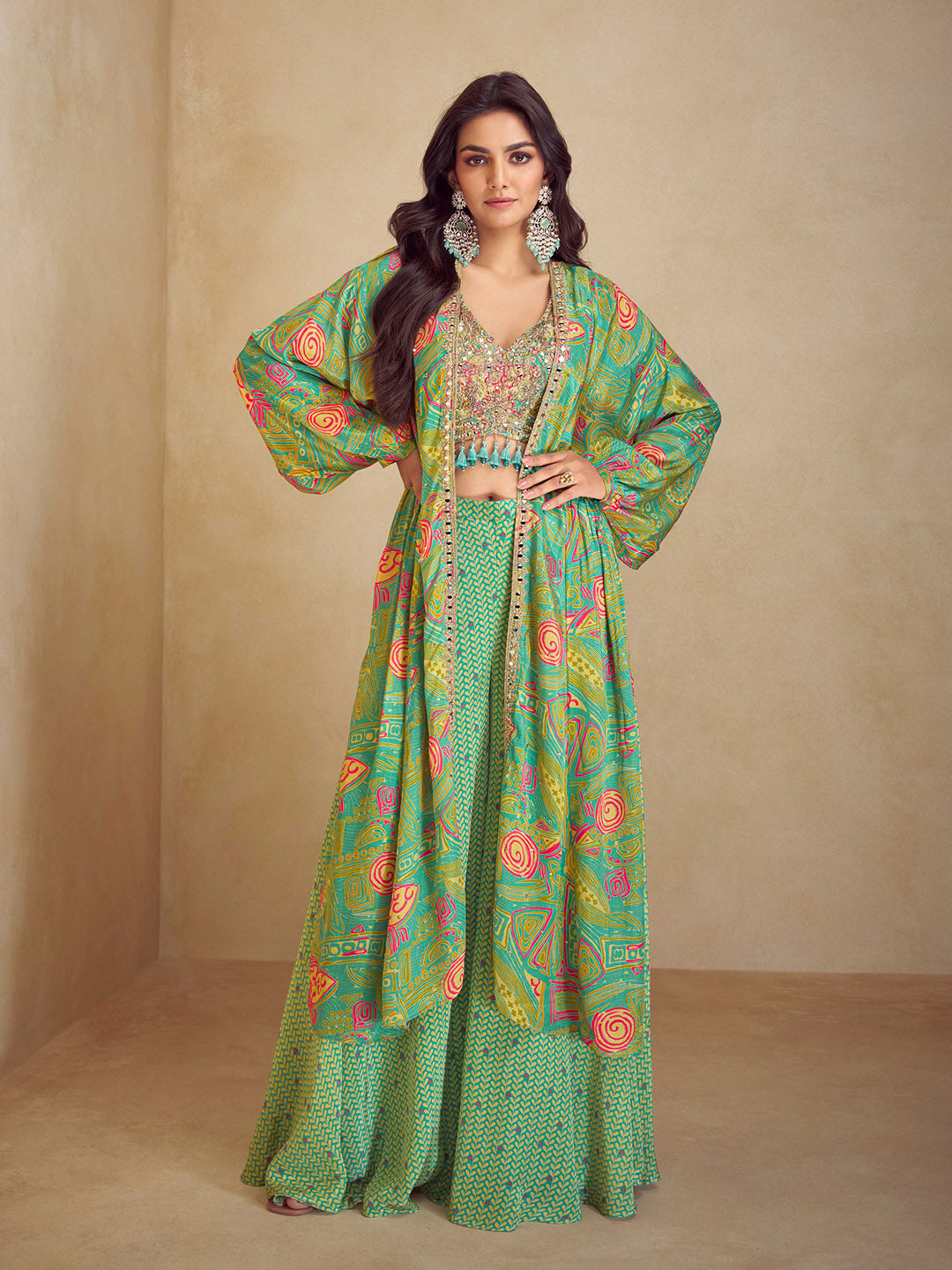 Embroidered Chinon Silk Choli &amp; Skirt With Jacket