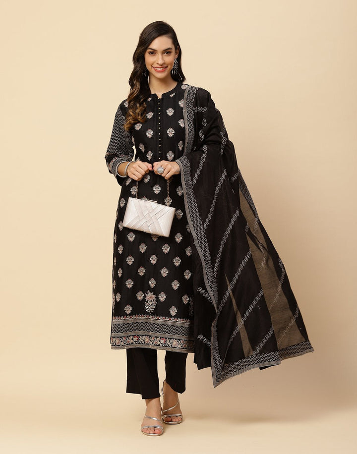 Resham Booti Embroidered Cotton Chanderi Salwar Kameez Stitched Suit With Chanderi Dupatta