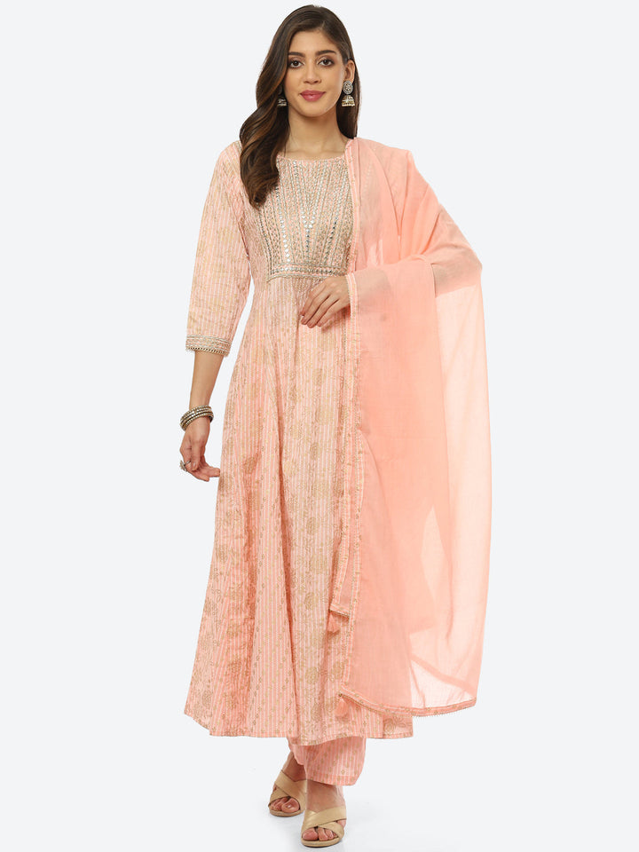 Gota Work Cotton Kurta With Pant &amp; Dupatta