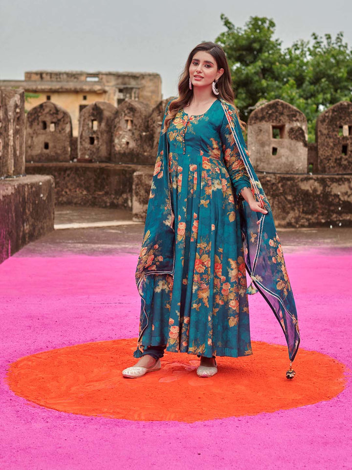 Floral Printed Cotton Kurta With Pants &amp; Dupatta