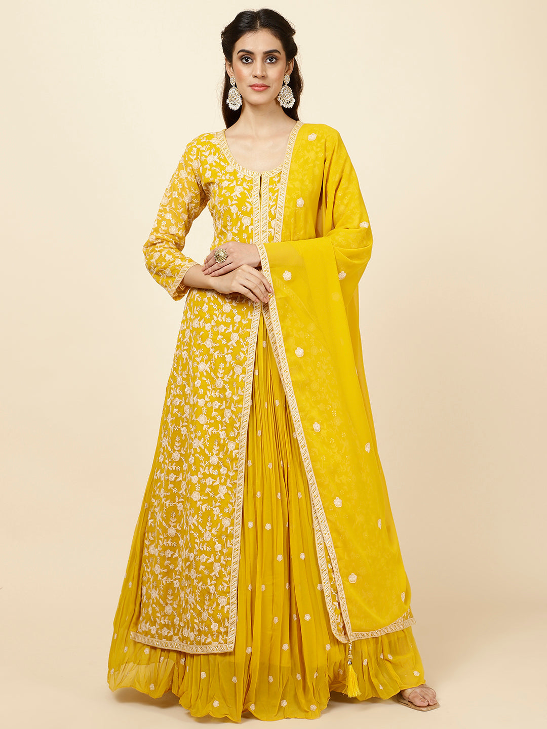Embroidered Georgette Kurta With Skirt &amp; Dupatta
