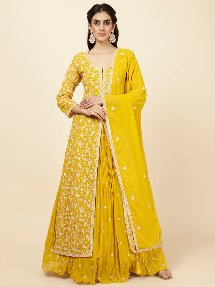 Embroidered Georgette Kurta With Skirt &amp; Dupatta