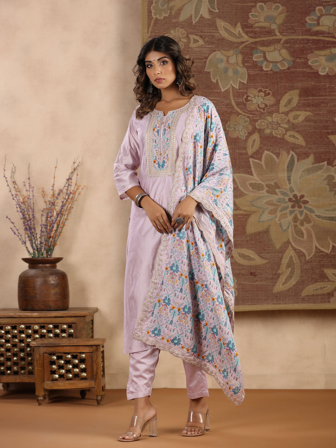 Neck Embroidered Chanderi Kurta With Pants &amp; Dupatta