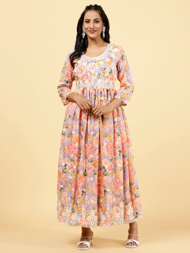Floral Printed &amp; Neck Embroidered Cotton Kurta