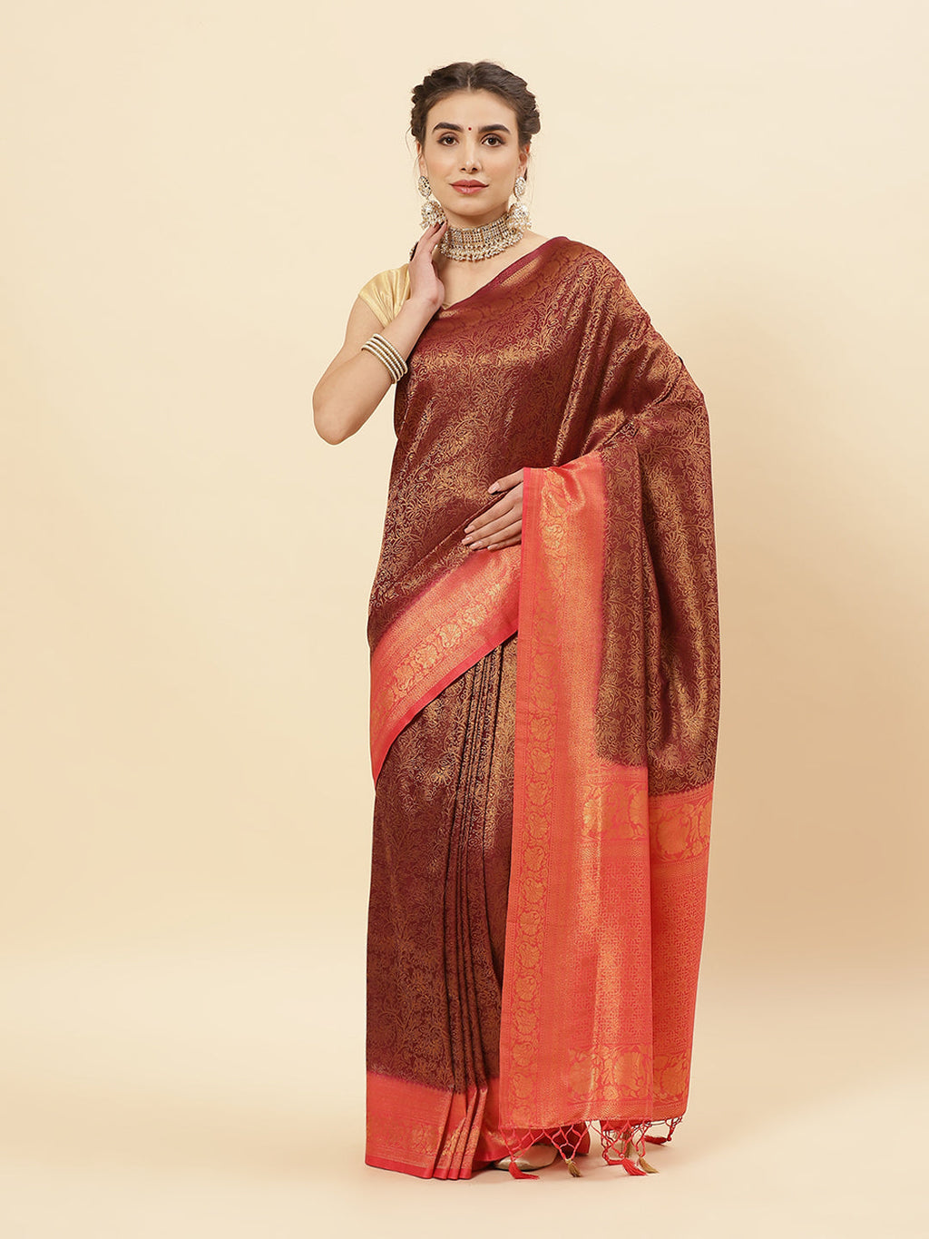 Brocade Zari Jaal Art Handloom Saree With Contrast Border