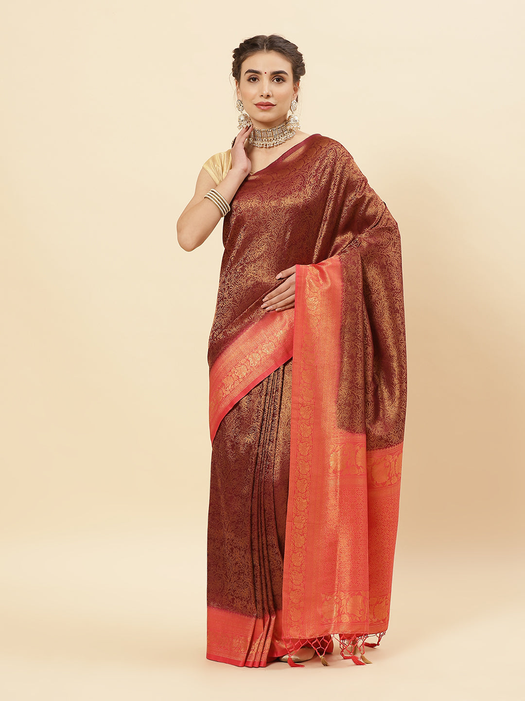 Brocade Zari Jaal Art Handloom Saree With Contrast Border