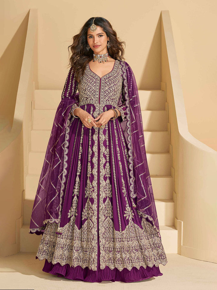 Embroidered Chinon Kurta With Plazzo &amp; Dupatta