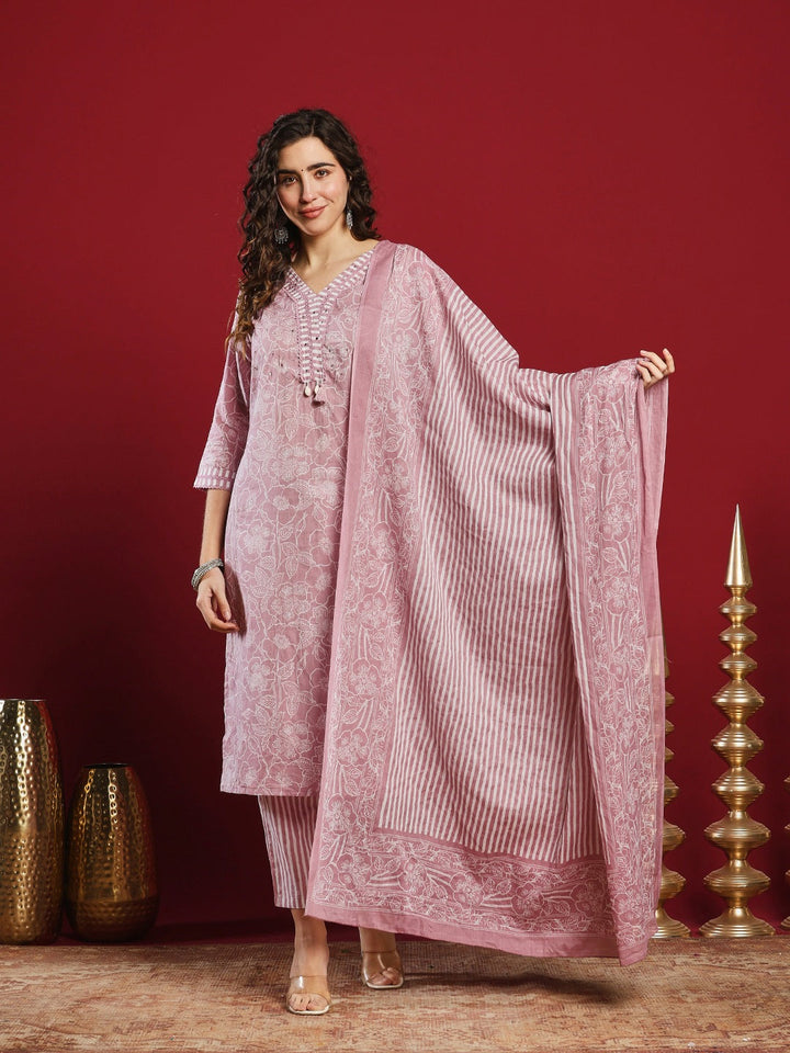 Printed Cotton Kurta With Pant &amp; Dupatta