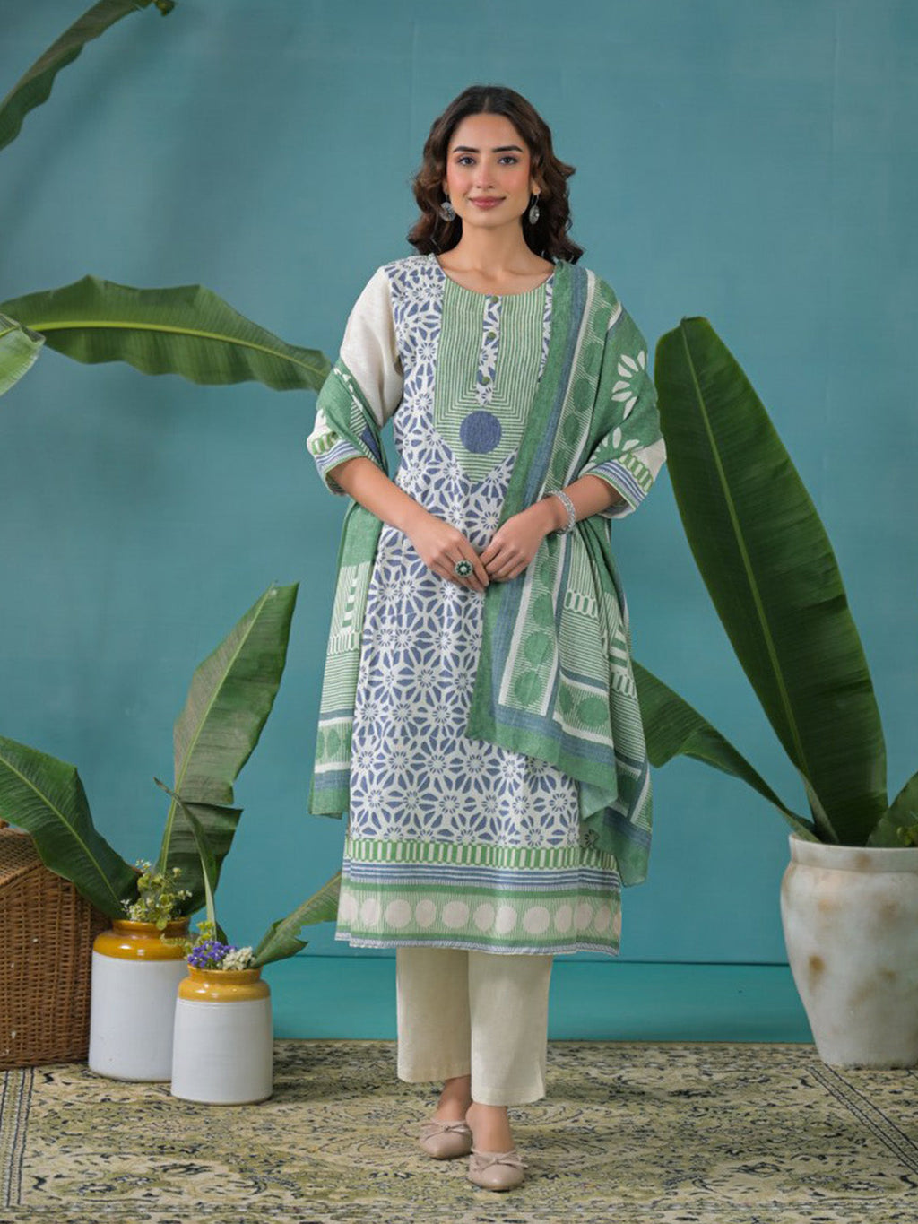 Cream Cotton Blend Printed Straight Suit Set