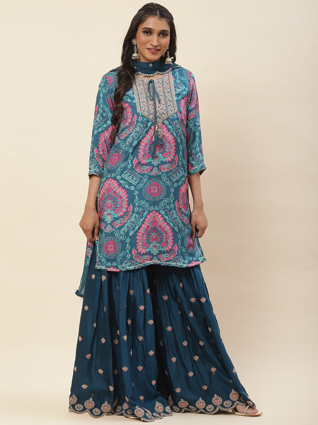 Floral Printed Cotton Kurta With Sharara &amp; Dupatta