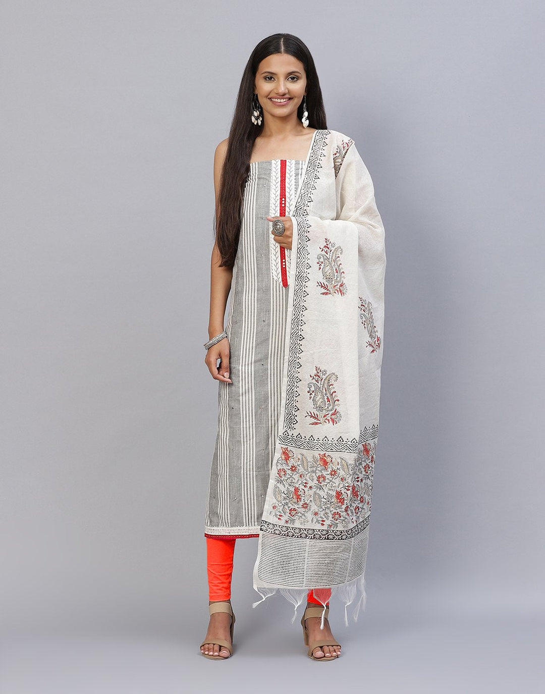 Patch Work Printed Cotton Suit Piece With Chanderi Dupatta