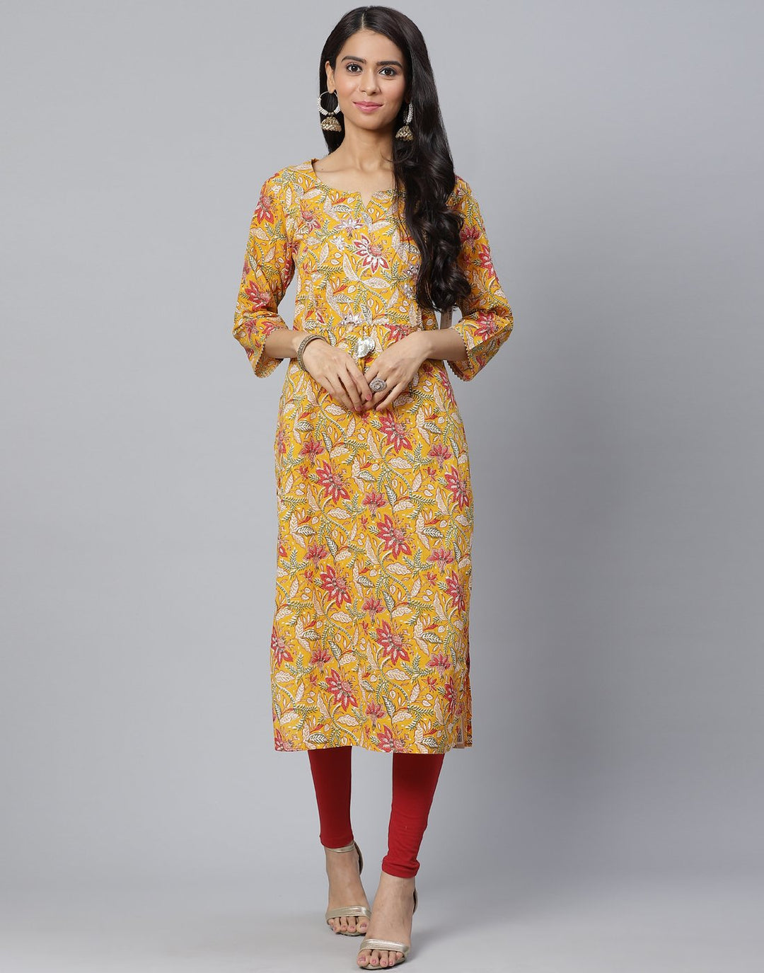 Floral Print Kurti With Gota Detail