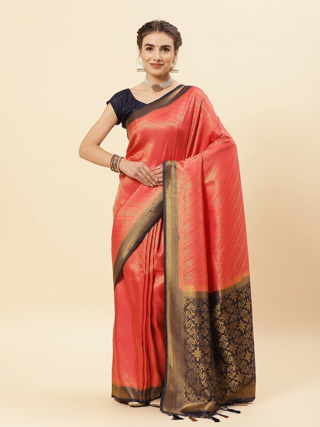 Brocade Zari Jaal Art Handloom Saree with contrast Blouse
