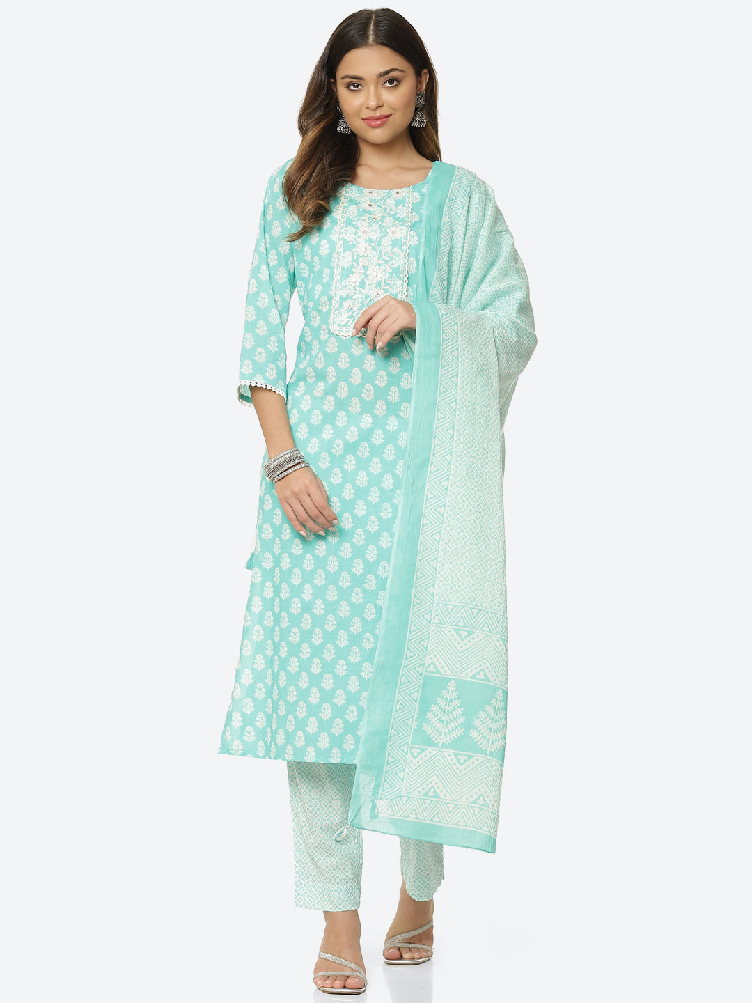 Floral Printed Cotton Kurta With Pant &amp; Dupatta