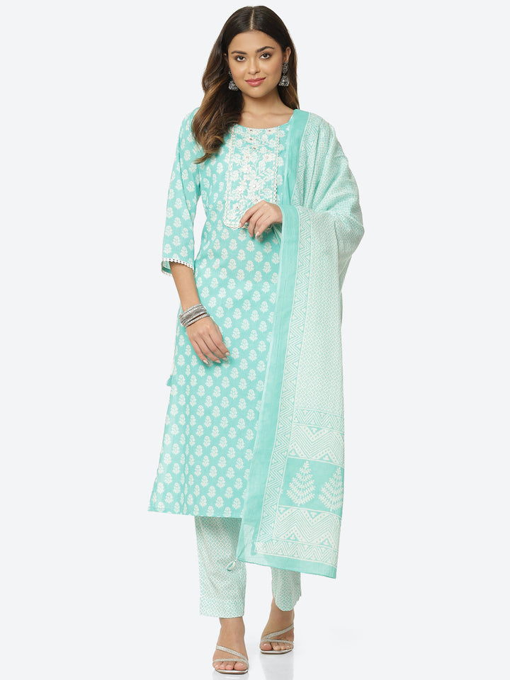 Floral Printed Cotton Kurta With Pant &amp; Dupatta
