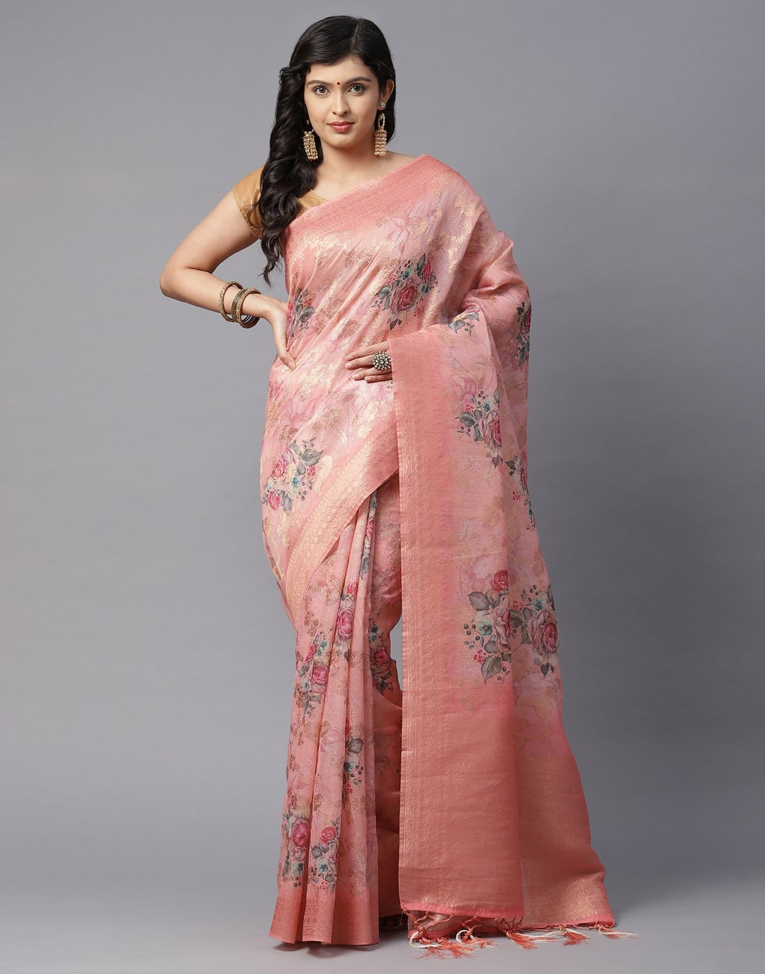 Floral Print Cotton Linen Saree
