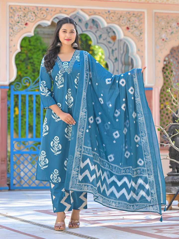 Floral Printed Cotton Kurta With Pants &amp; Dupatta