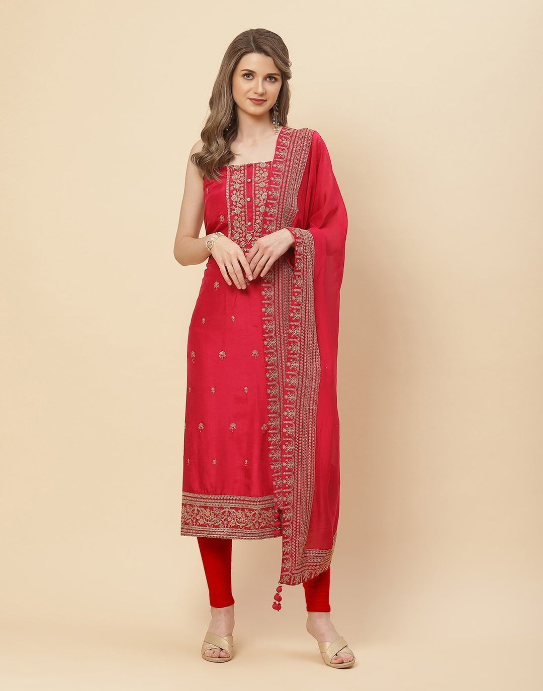 Ghera Embroidered Art Handloom Dupion Suit Piece With Chanderi Banarasi Dupatta
