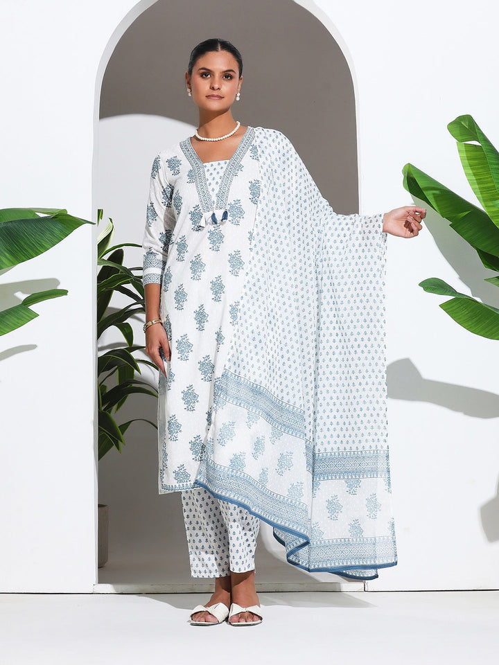Printed Cotton Blend Kurta With Pant &amp; Dupatta
