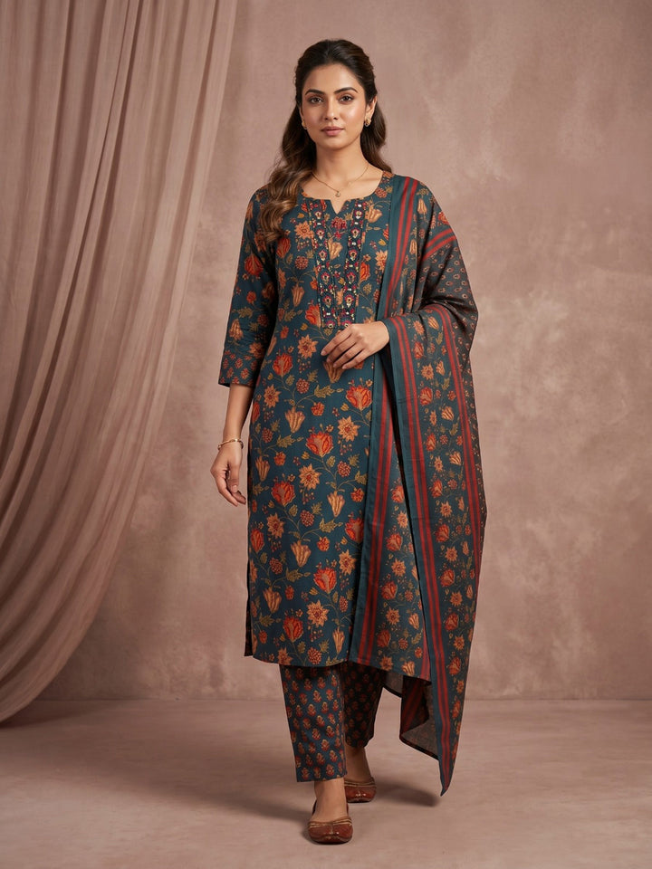 Blue Embroidered Cotton Blend Straight Round Neck Suit Set