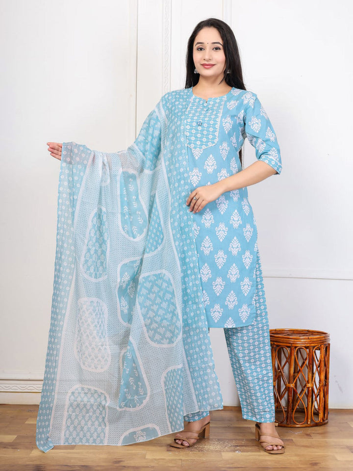 Embroidered Cotton Blend Kurta With Pant &amp; Dupatta