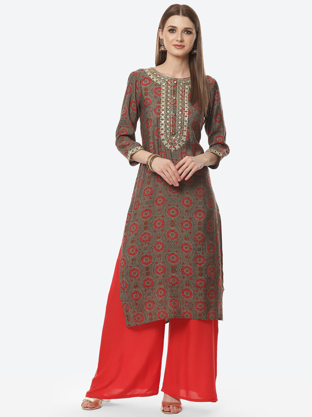 Printed Neck Embroidered Cotton Kurti