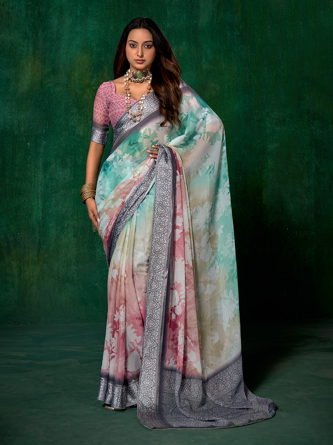 Ombre Floral Printed Georgette Saree