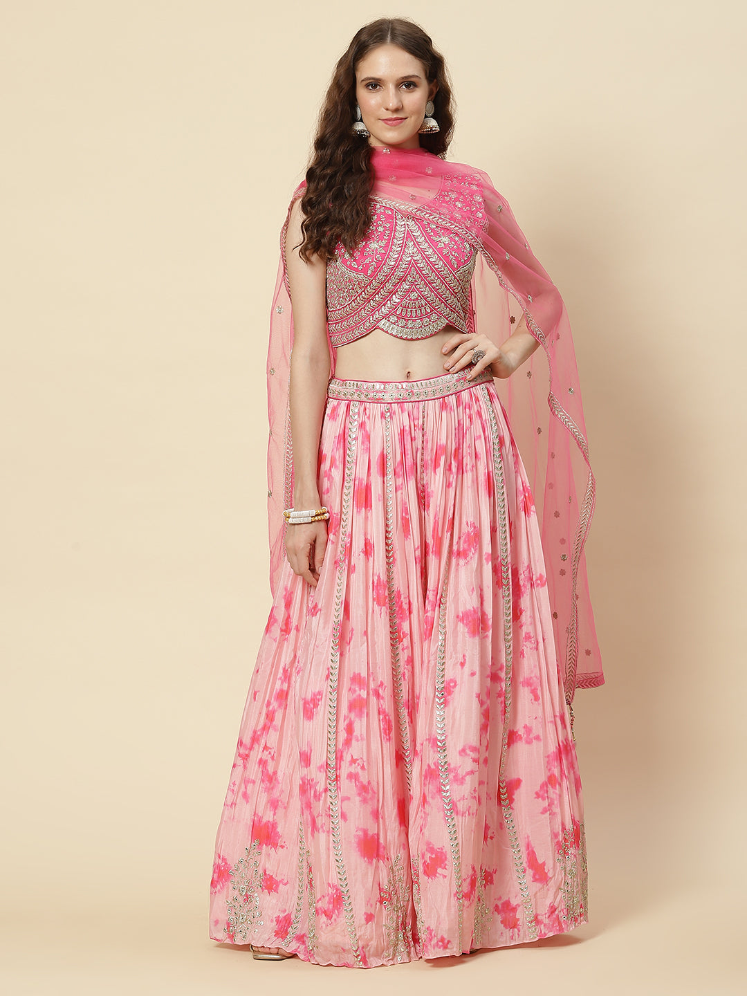 Zari Embroidered Printed Crepe Choli With Lehenga &amp; Net Dupatta