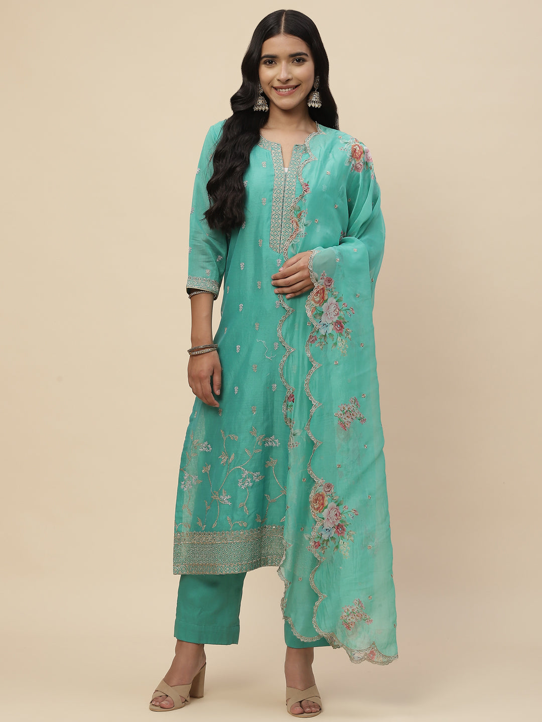 Resham Booti Cotton Kurta With Pants &amp; Dupatta