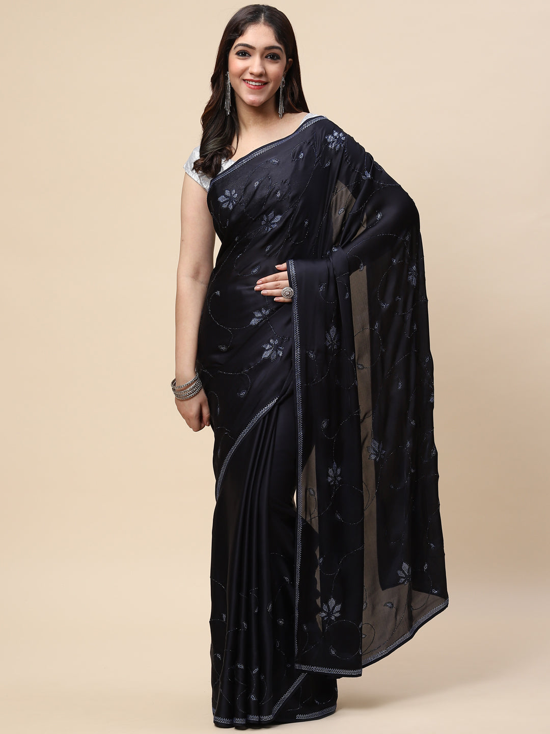 Stone Jaal Embroidered Satin Saree