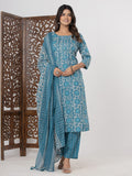 Light Blue Embroidered Cotton Blend Straight Suit Set With Dupatta