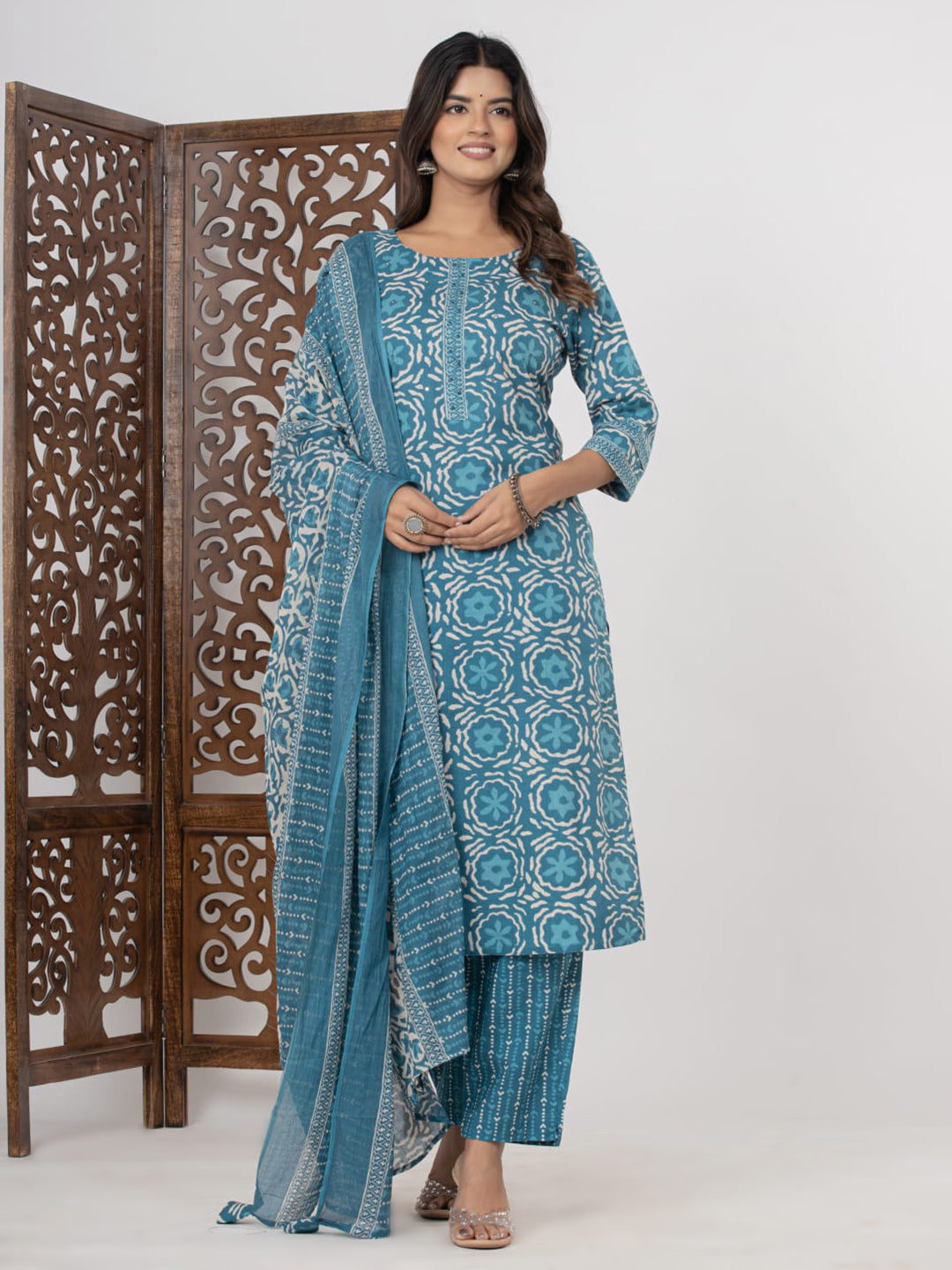 Light Blue Embroidered Cotton Blend Straight Suit Set With Dupatta