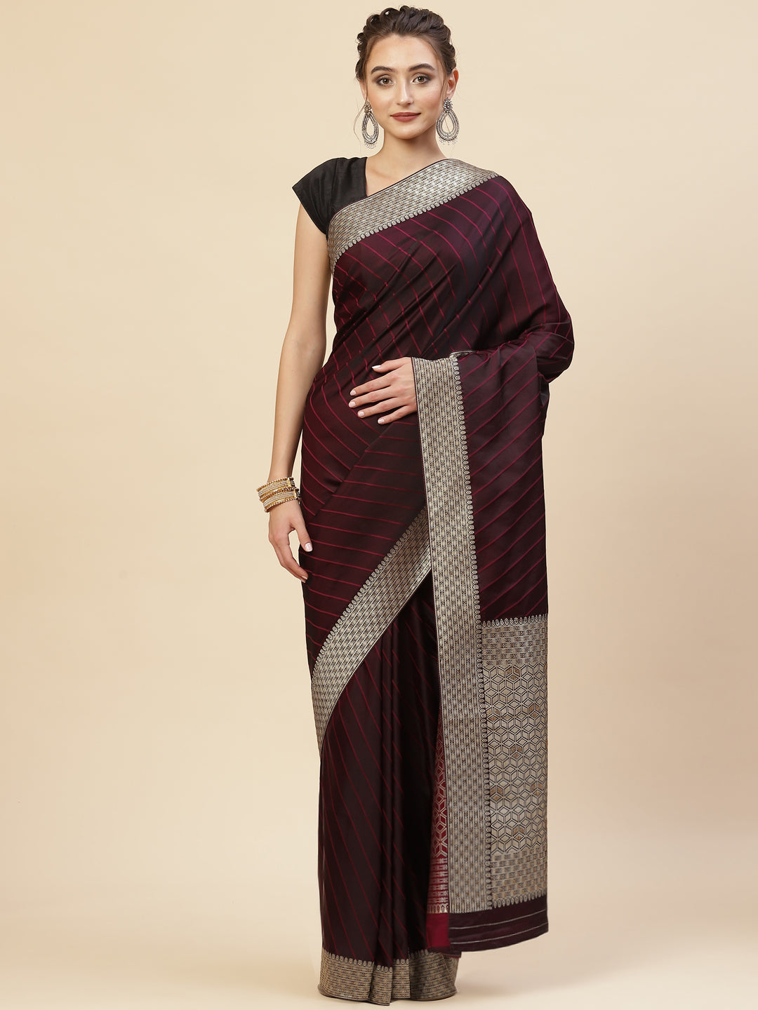 Stripes Stone Jaal Banarasi Woven Saree