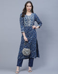Indigo Cotton Printed Kurti Pant Set