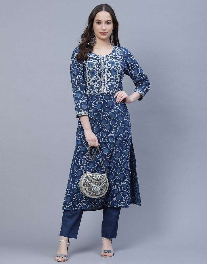 Indigo Cotton Printed Kurti Pant Set