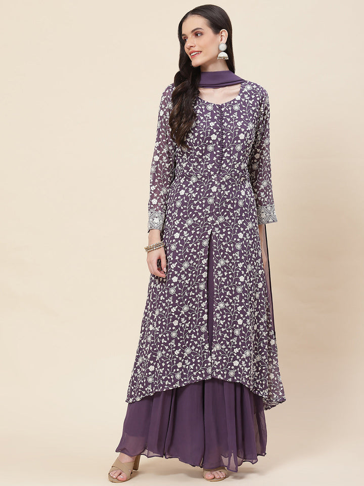 Embroidered Georgette Kurta With Palazzo &amp; Dupatta