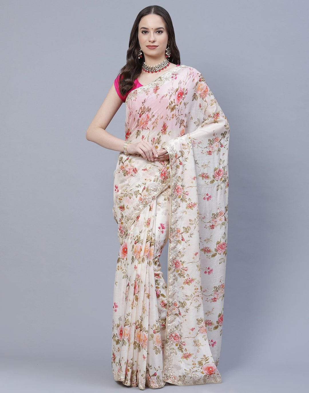 Digital Floral Printed Crepe Saree with Gota Patti Border