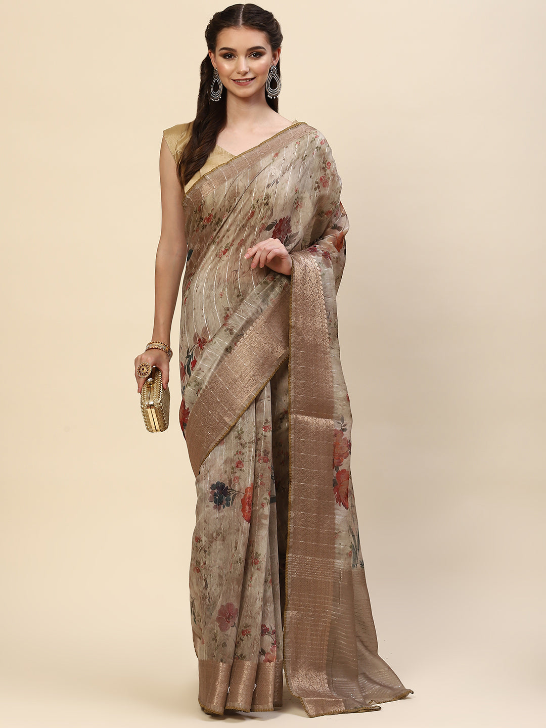 Digital Floral Printed Sequin Cotton Saree