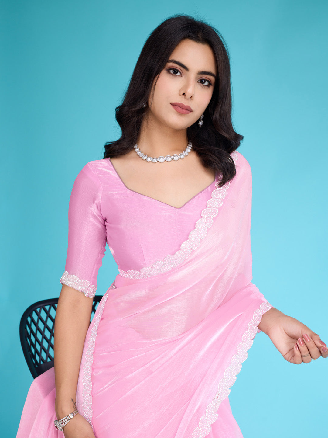 Embroidered Chinon Saree