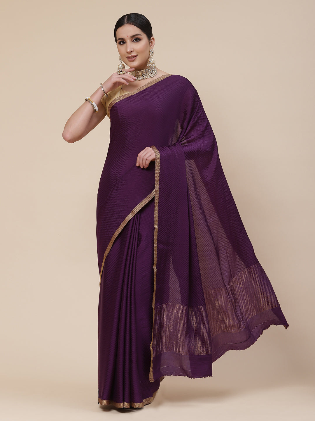 Piped Border Crepe Plain Saree