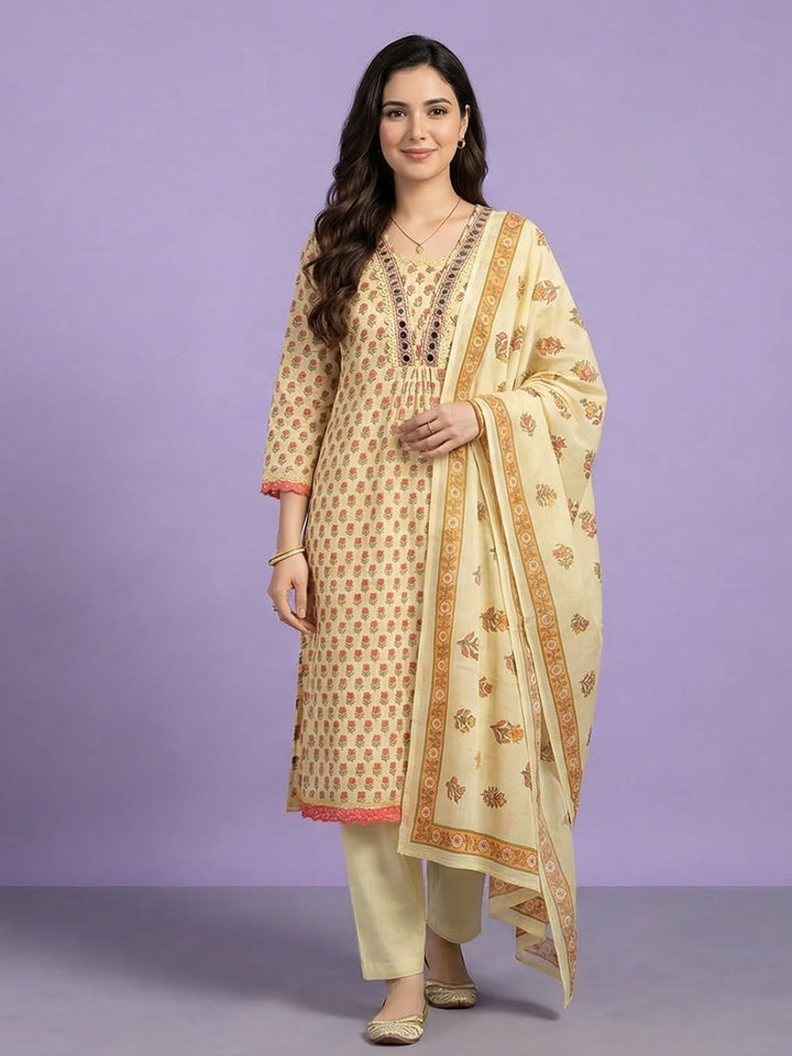 Embroidered Cotton Blend Kurta With Pant &amp; Dupatta