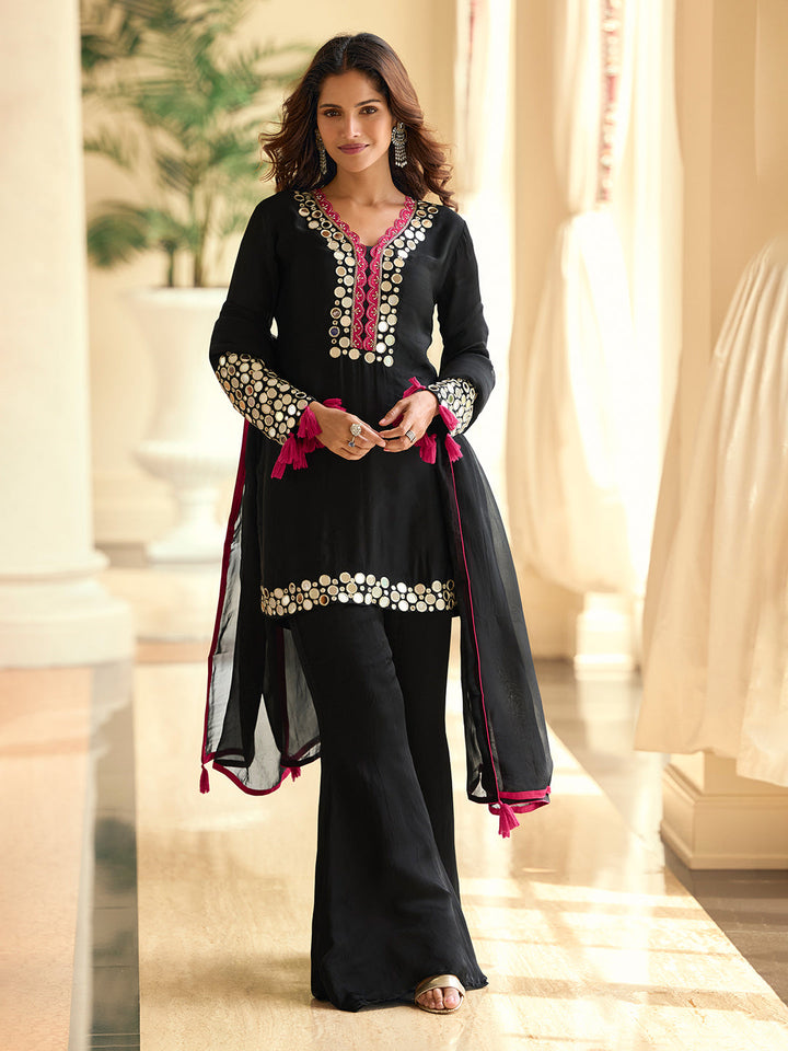 Embroidered Art Silk Kurta With Plazzo &amp; Dupatta
