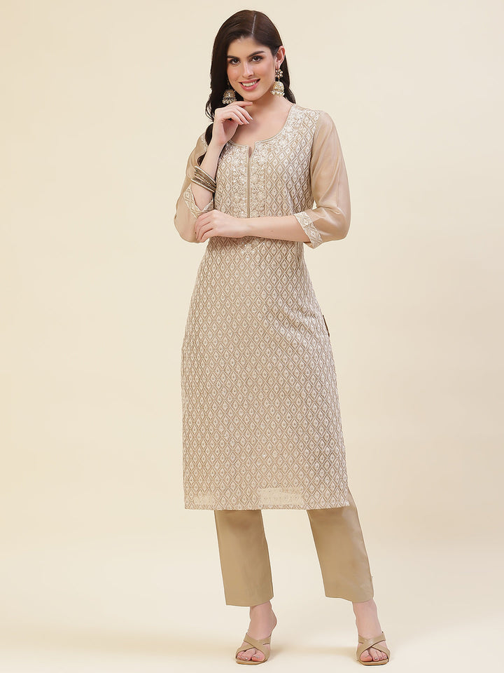 Embroidered Chanderi Cotton Kurta With Pants