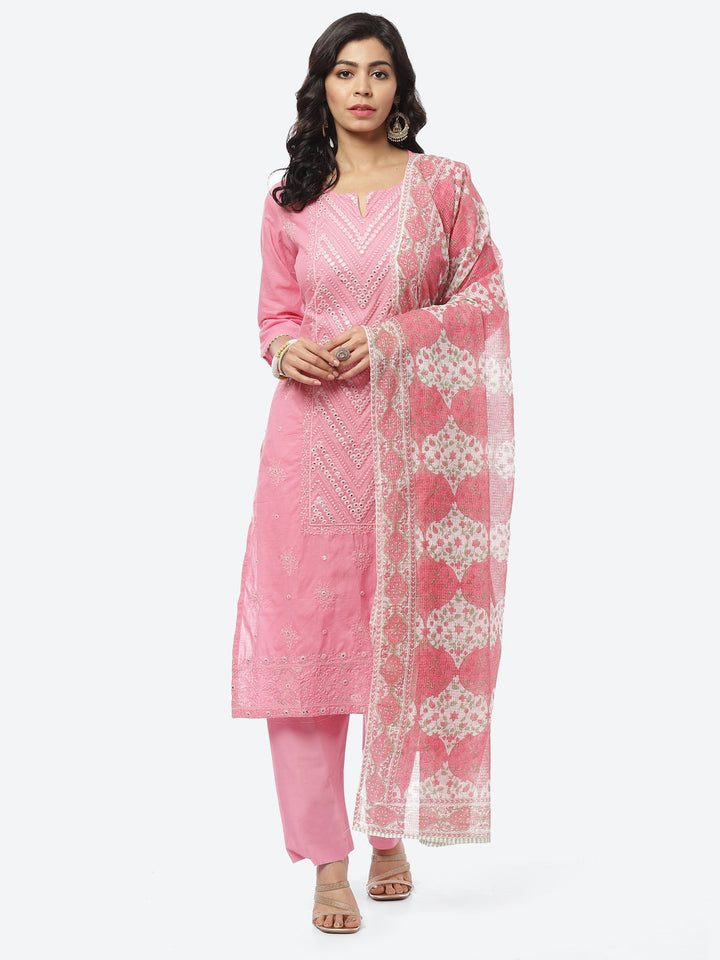 Resham Mirror Cotton Stitched Salwar Kameez With Printed Cotton Dupatta
