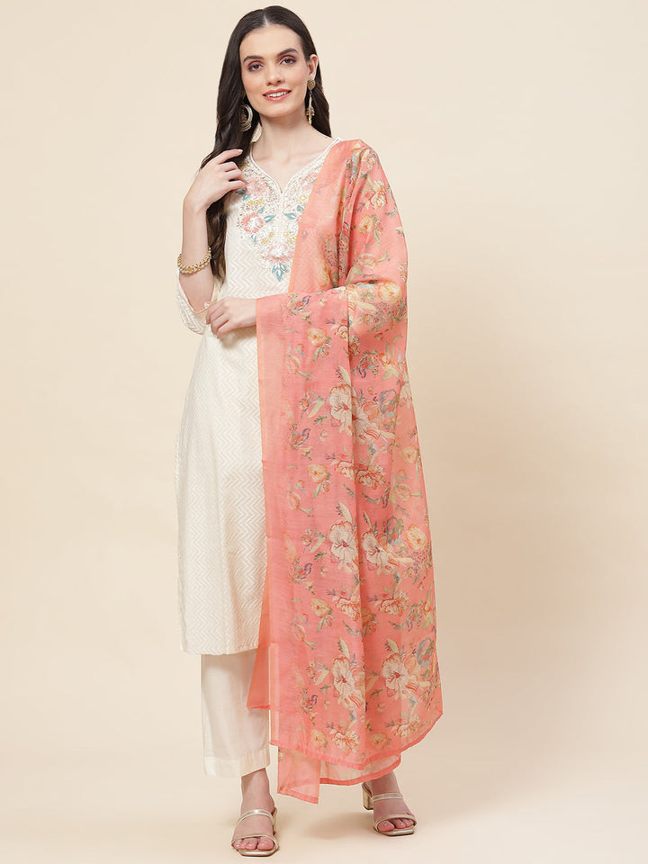 Neck Embroidered Cotton Kurta With Pants &amp; Dupatta
